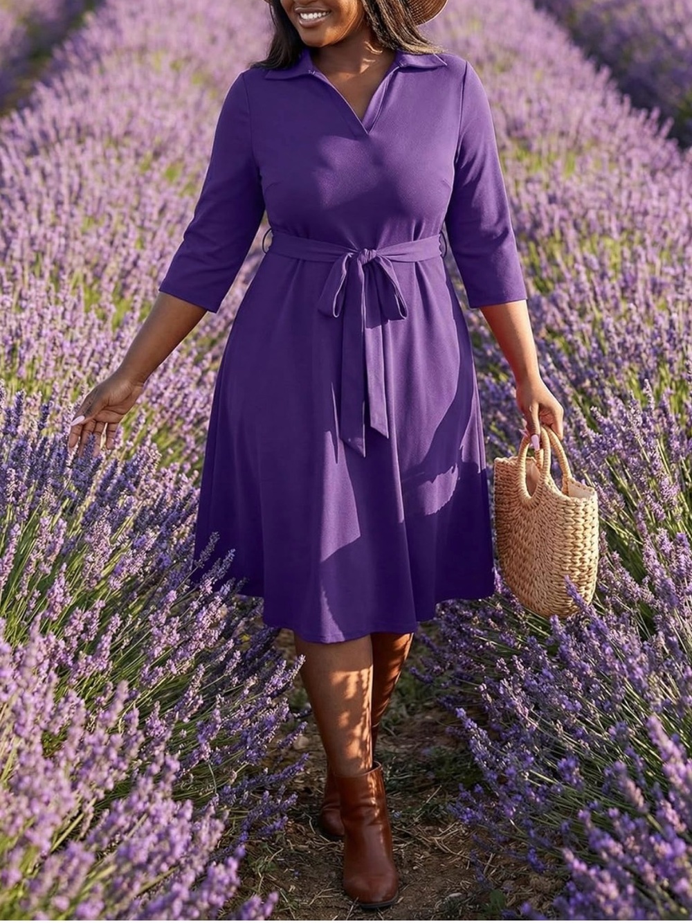 FANDEE Women's Purple Collared Tie-Waist A-Line Dress - Picture 8 of 9